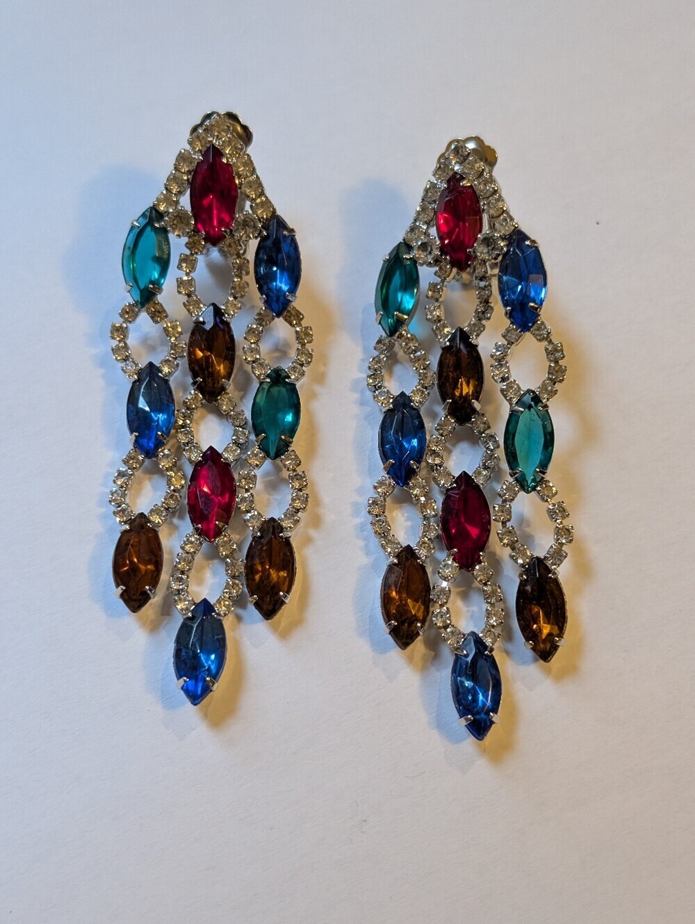 Vtg Kenneth Jay Lane Chandelier Earrings Signed Multi Color Rhinestone Dangle